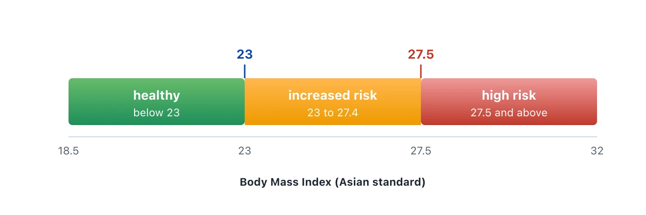 A horizontal coloured strip. Below a BMI of 23 is healthy in green, 23 to 27.4 is increased risk in amber, and 27.5 and above is high risk in red. The 23 and 27.5 boundaries are marked. Illustration by BMI Tracker - bmi-tracker.com