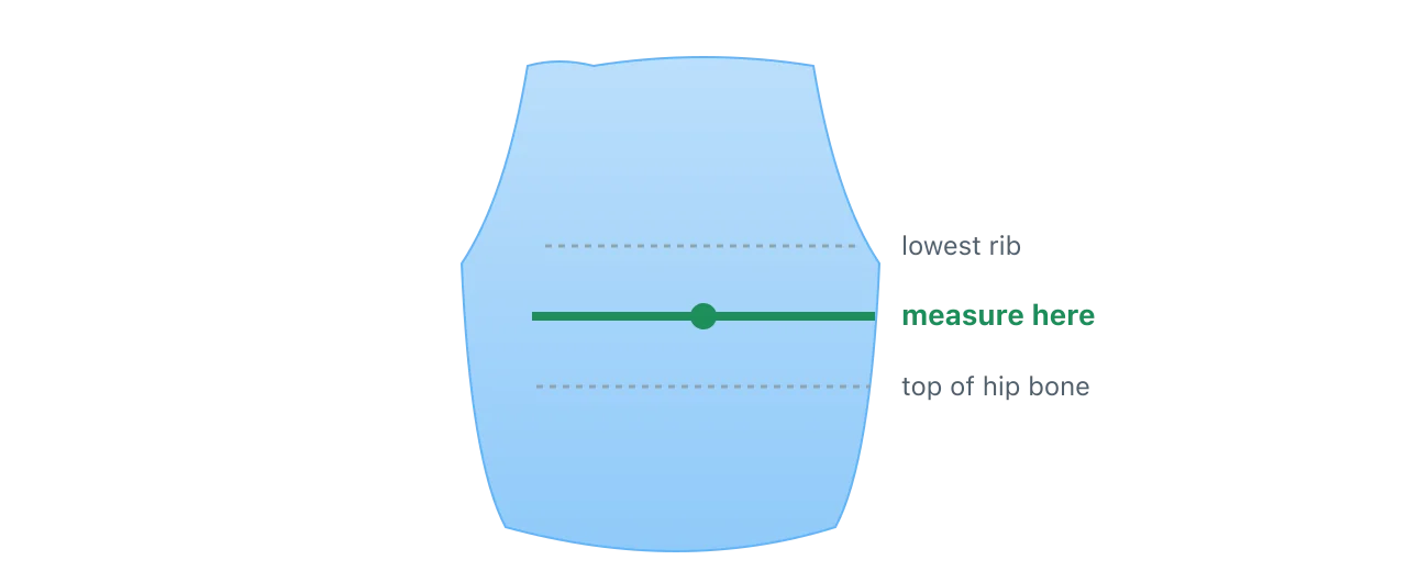 A torso showing the correct measurement line at the midpoint between the lowest rib and the top of the hip bone, roughly at navel level. Illustration by BMI Tracker - bmi-tracker.com