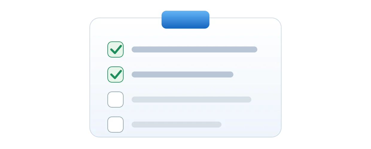A clipboard with several checklist rows, some ticked, representing the personal factors that make BMI more or less reliable. Illustration by BMI Tracker - bmi-tracker.com