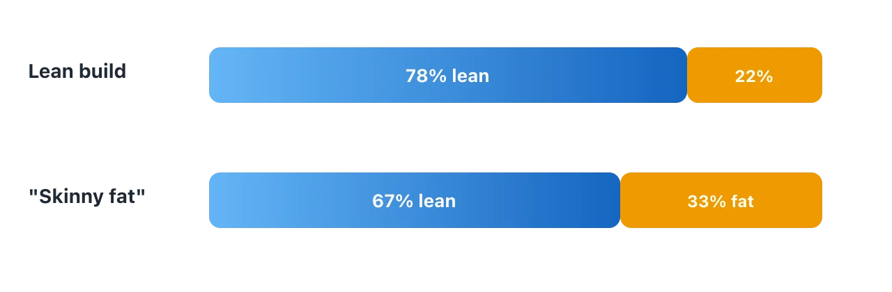 Two horizontal bars. The lean person is about 78 percent lean mass and 22 percent fat; the skinny-fat person is about 67 percent lean mass and 33 percent fat. Illustration by BMI Tracker - bmi-tracker.com
