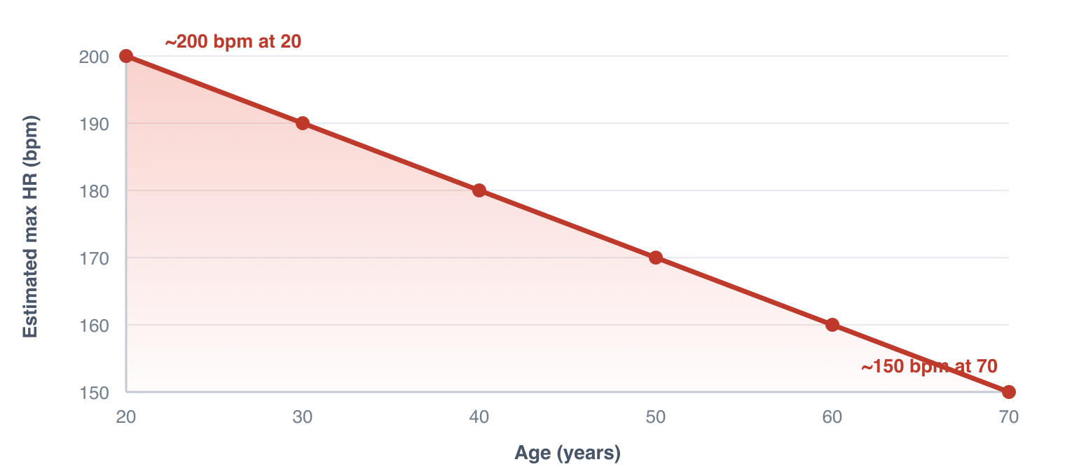 A line chart of estimated maximum heart rate against age using the 220 minus age formula. It falls in a straight line from about 200 beats per minute at age 20 to about 150 beats per minute at age 70, dropping roughly one beat per minute for every year of age. Illustration by BMI Tracker - bmi-tracker.com