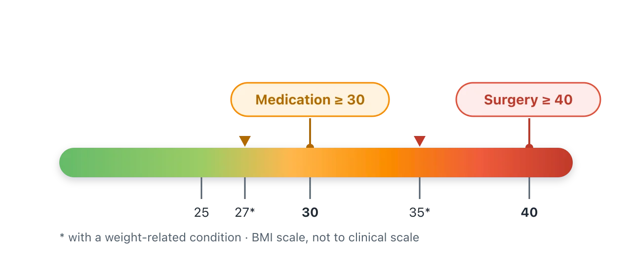 A BMI scale from about 18 to 42. Medication is generally considered from a BMI of 30, or 27 with a weight-related condition; surgery from 40, or 35 with a related condition. Illustration by BMI Tracker - bmi-tracker.com