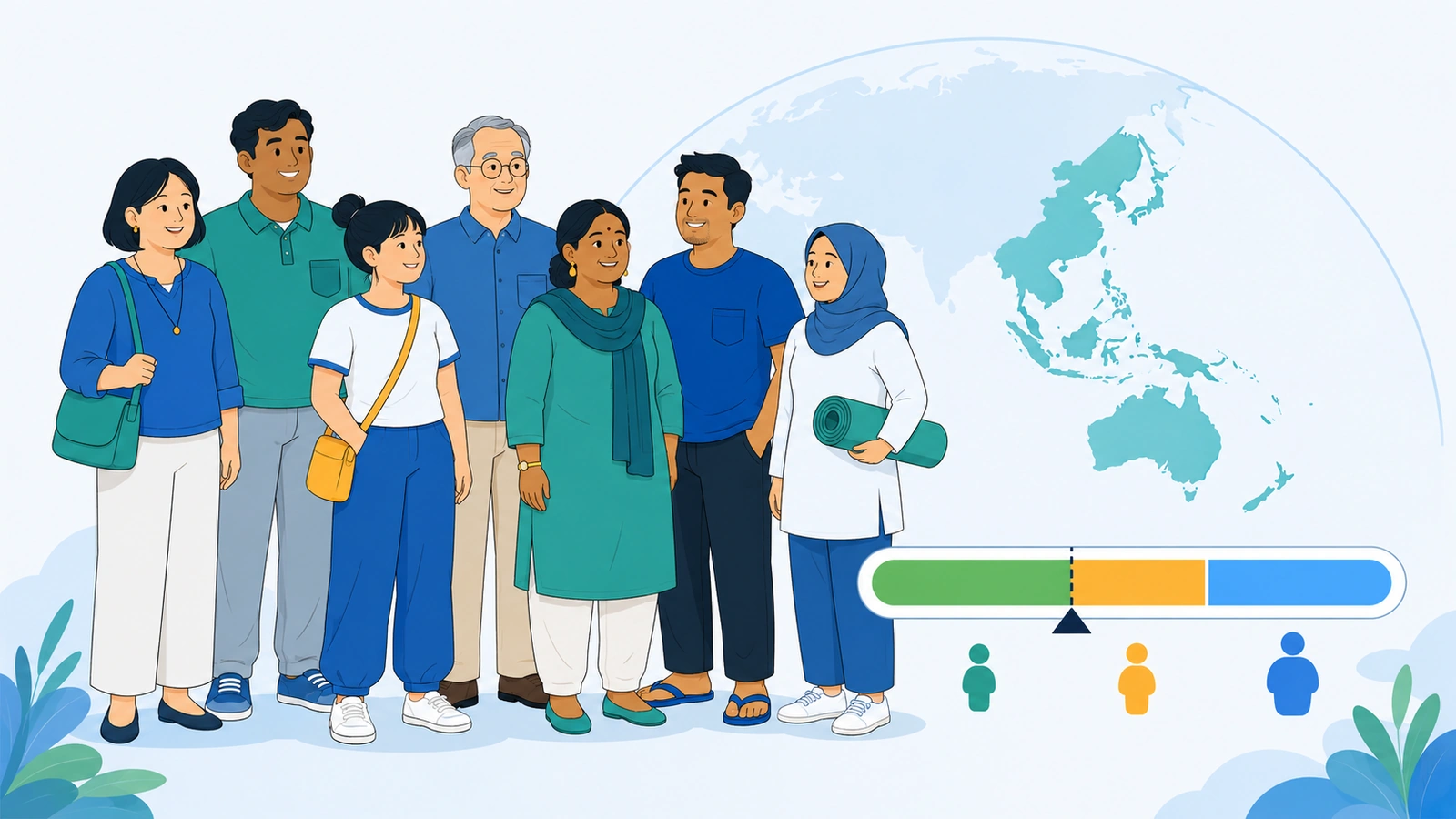 Des personnes asiatiques à côté d'une échelle d'IMC dont le seuil sain se situe plus bas que l'échelle internationale.