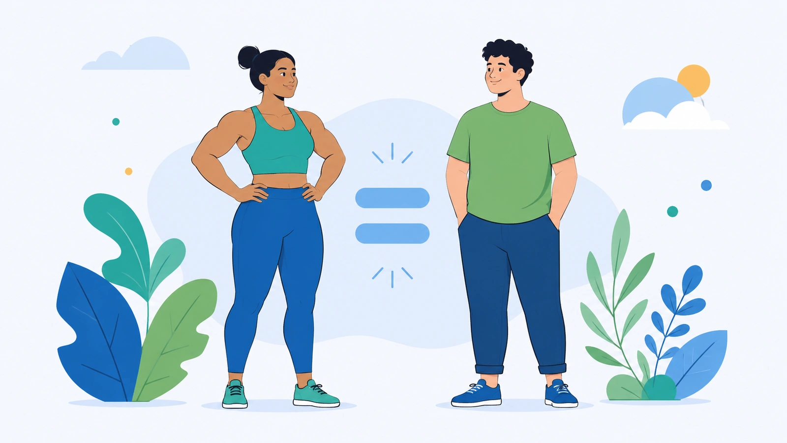 Dos personas de la misma altura e IMC pero con distinta composición corporal, mostradas de forma positiva una al lado de la otra.