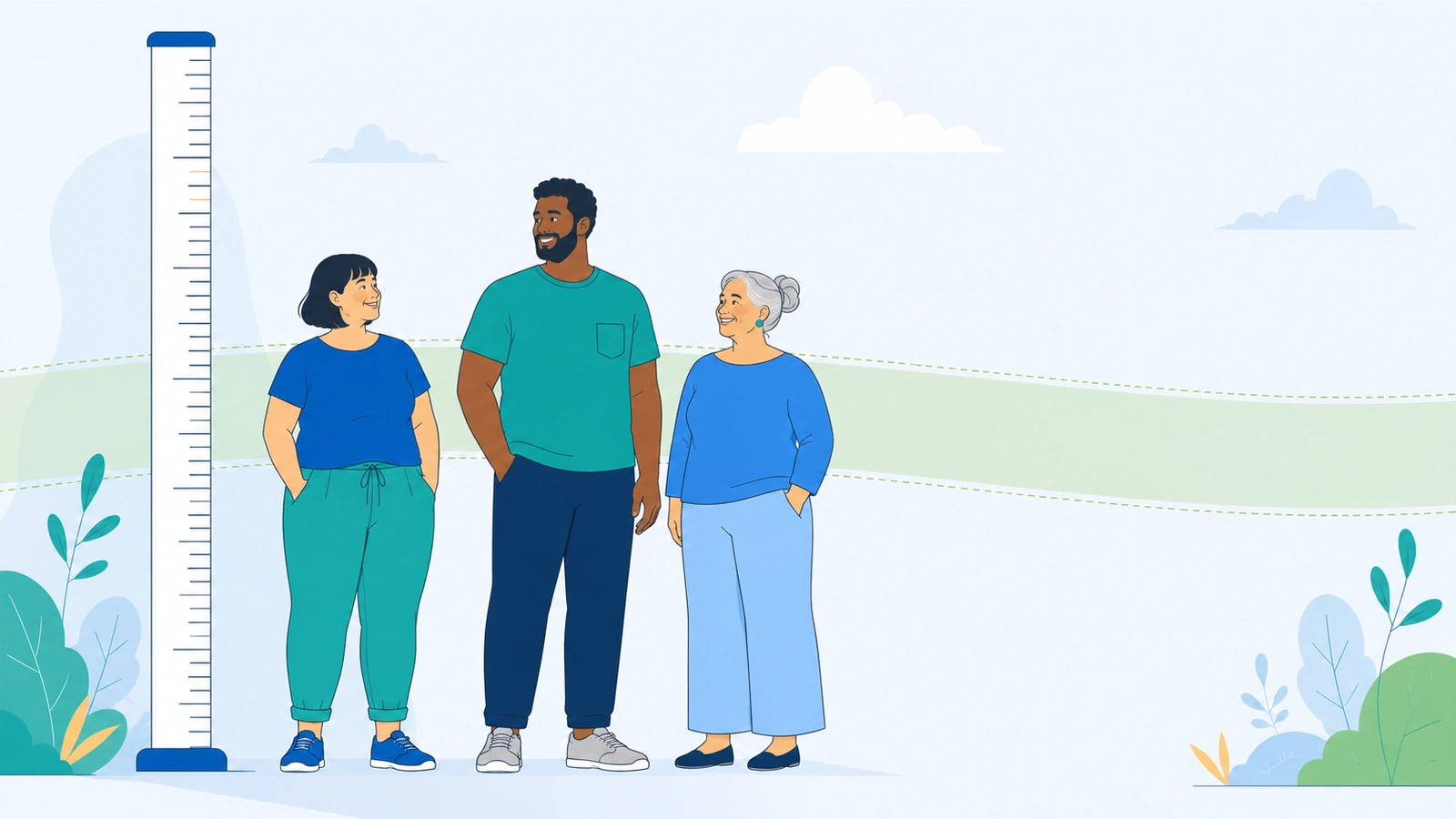 Three people of different heights standing beside a ruler, with a highlighted healthy-weight range band.