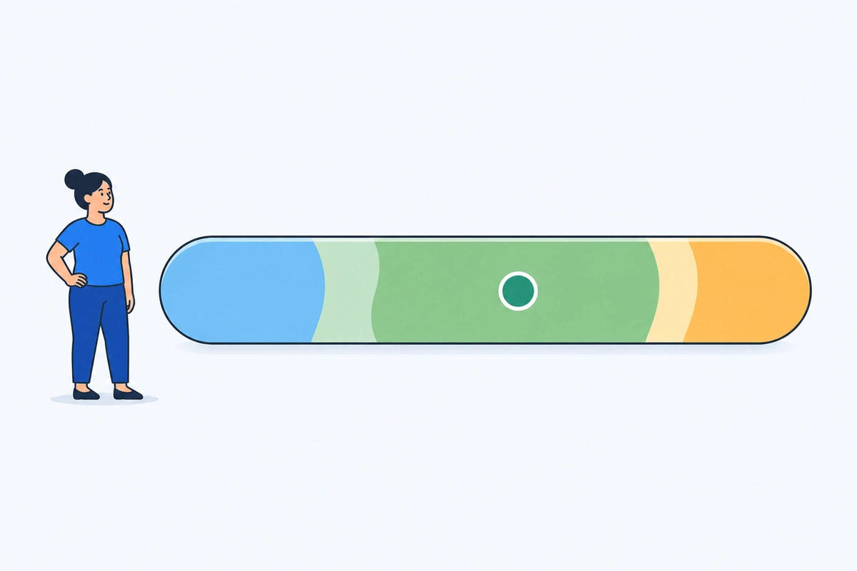 A range bar with a marker in the healthy green zone, showing weight as a range, not a single number.