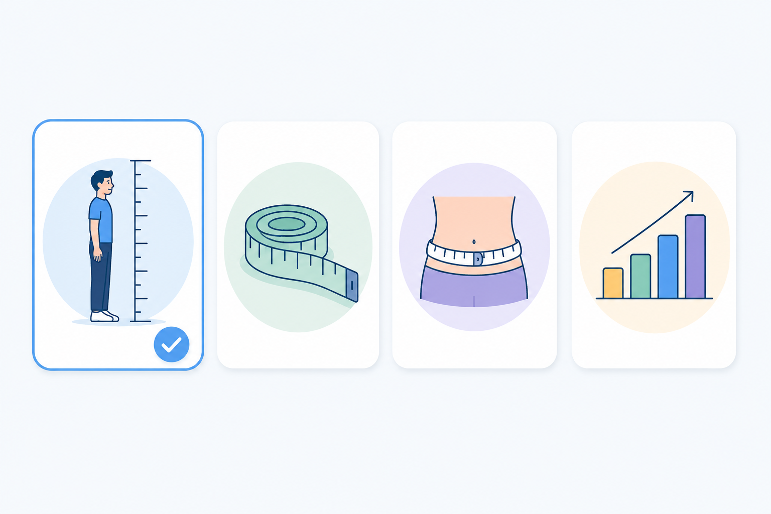 Four health-measure cards in a row, with BMI shown as one tool among several.